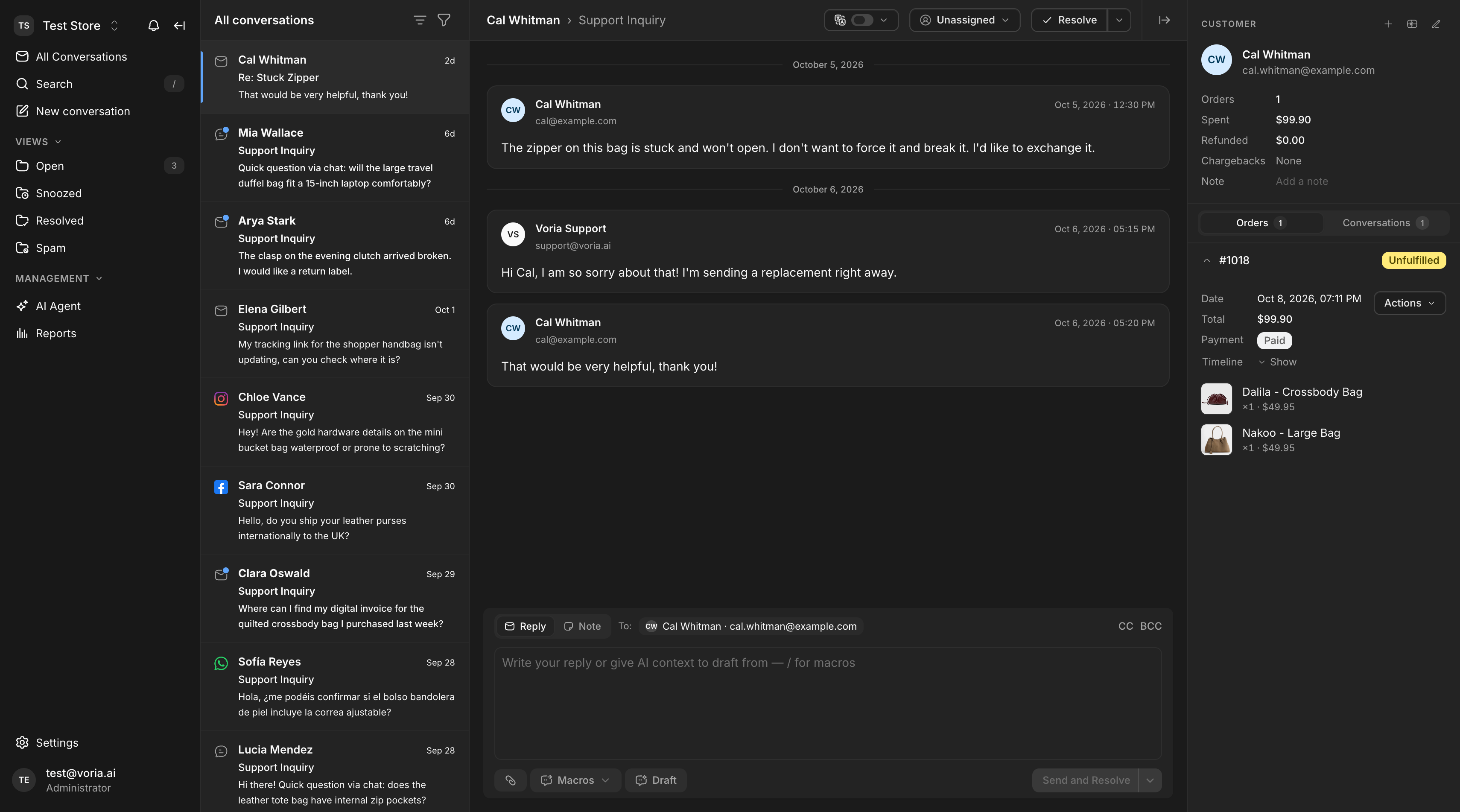 Voria dashboard, dark mode